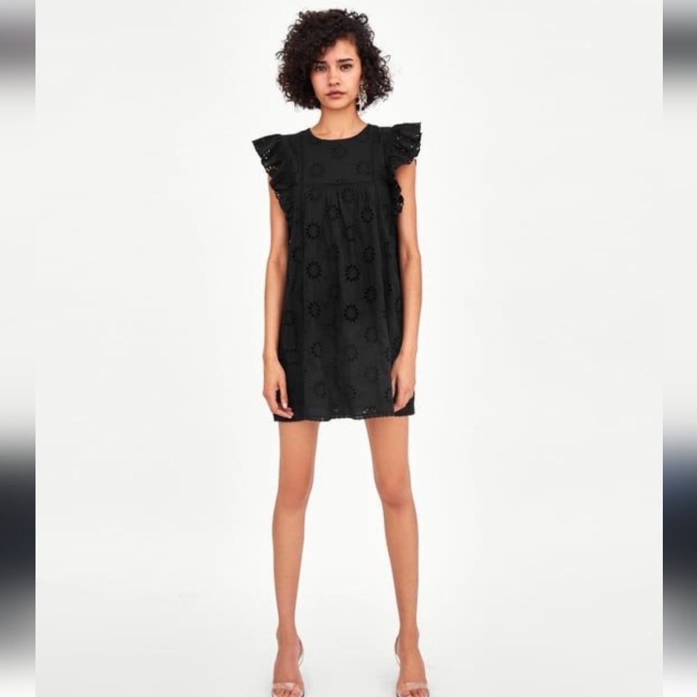 Zara Black Cotton eyelet embroidered frilled Babydoll  mini dress XS
